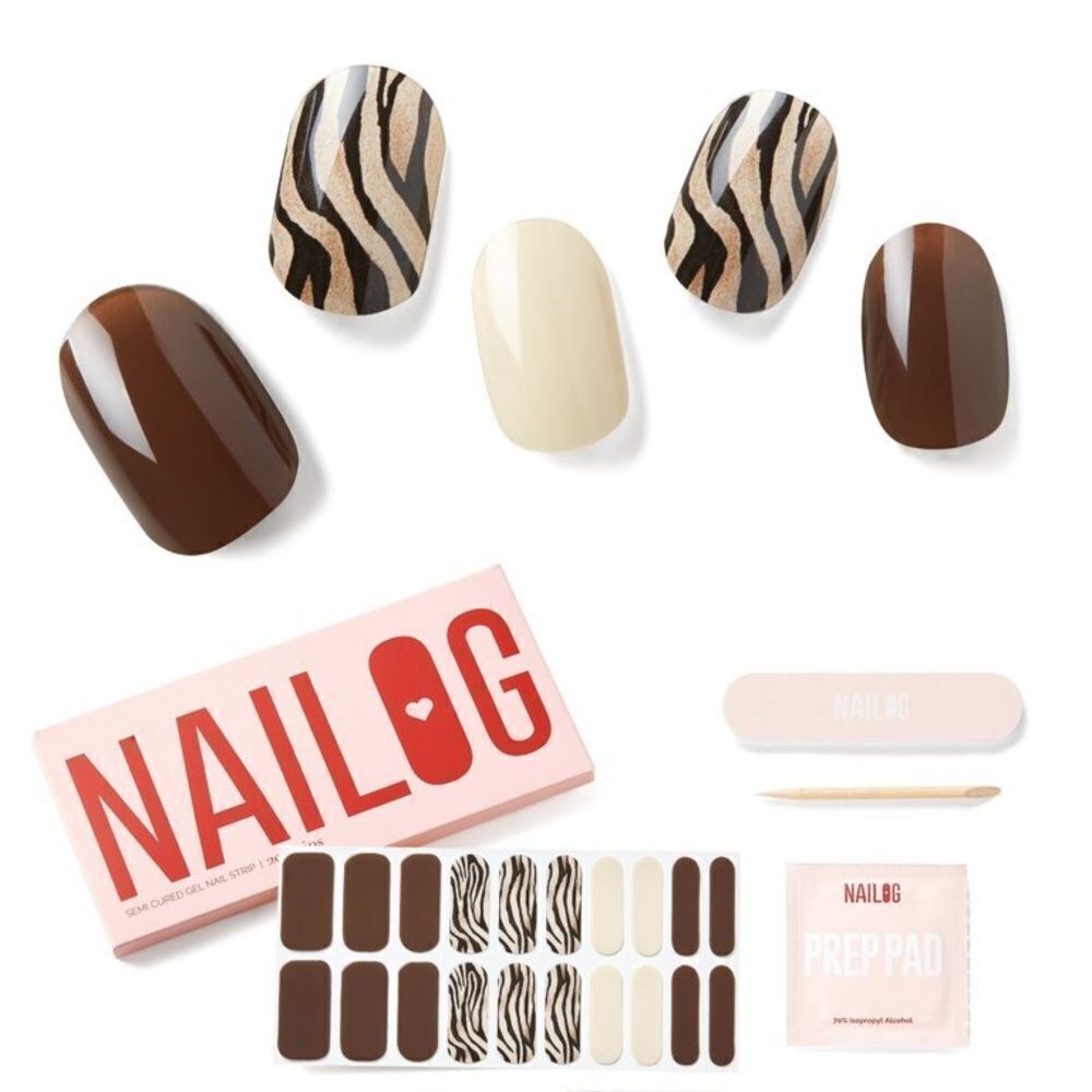⭐️nailog Semi Cured Gel Nail Strips Brown/Creamy White/Zebra Print-20 pcs⭐️